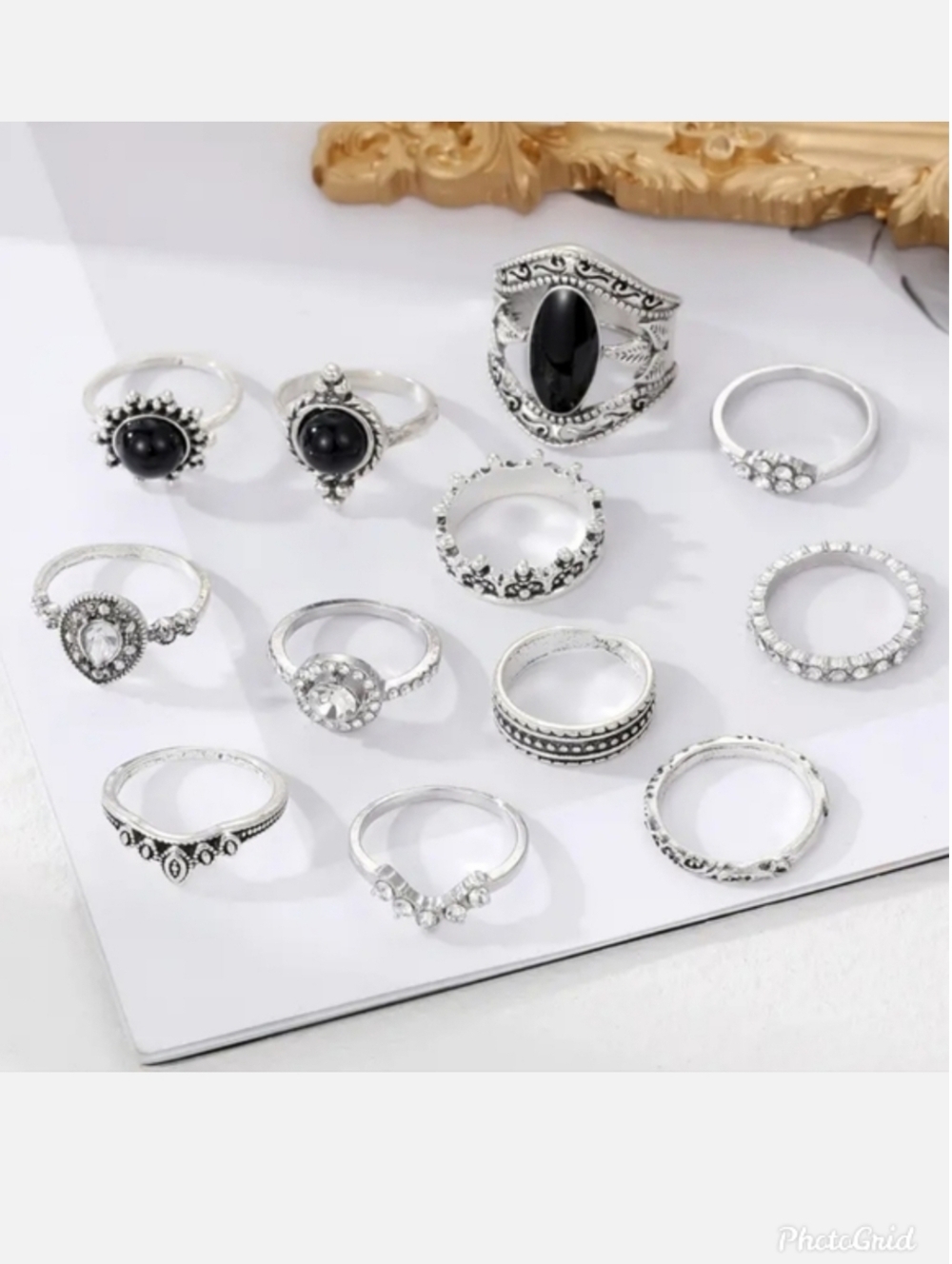 Set of 12 silver black onyx and rhinestone midi stack rings knuckle rings  NWT